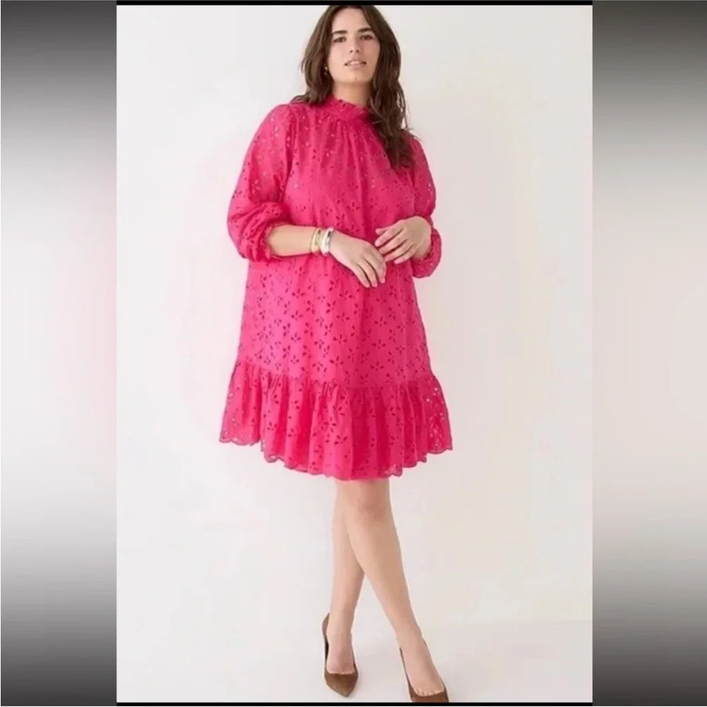J.‎ Crew Ruffleneck Mini Dress In Eyelet Pink Size XS